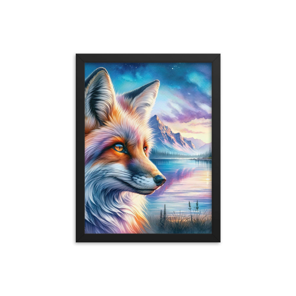 Aquarellporträt eines Fuchses im Dämmerlicht am Bergsee - Premium Poster mit Rahmen camping xxx yyy zzz 30.5 x 40.6 cm
