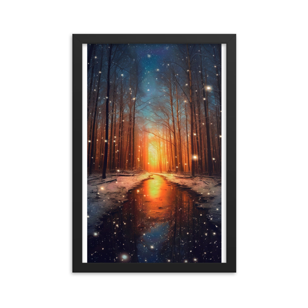 Bäume im Winter, Schnee, Sonnenaufgang und Fluss - Premium Poster mit Rahmen camping xxx Black 30.5 x 45.7 cm