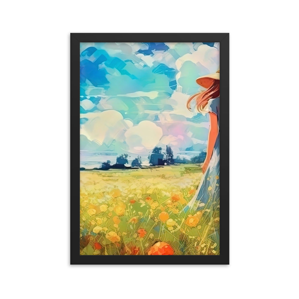Dame mit Hut im Feld mit Blumen - Landschaftsmalerei - Premium Poster mit Rahmen camping xxx Black 30.5 x 45.7 cm
