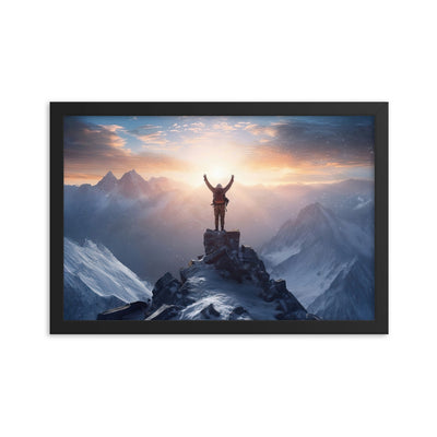 Mann auf der Spitze eines Berges - Landschaftsmalerei - Premium Poster mit Rahmen berge xxx Black 30.5 x 45.7 cm