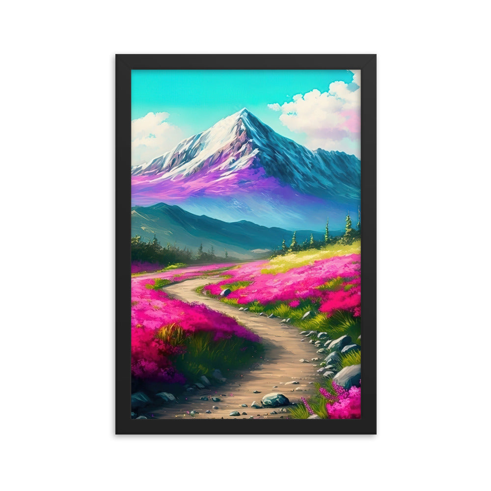 Berg, pinke Blumen und Wanderweg - Landschaftsmalerei - Premium Poster mit Rahmen berge xxx Black 30.5 x 45.7 cm