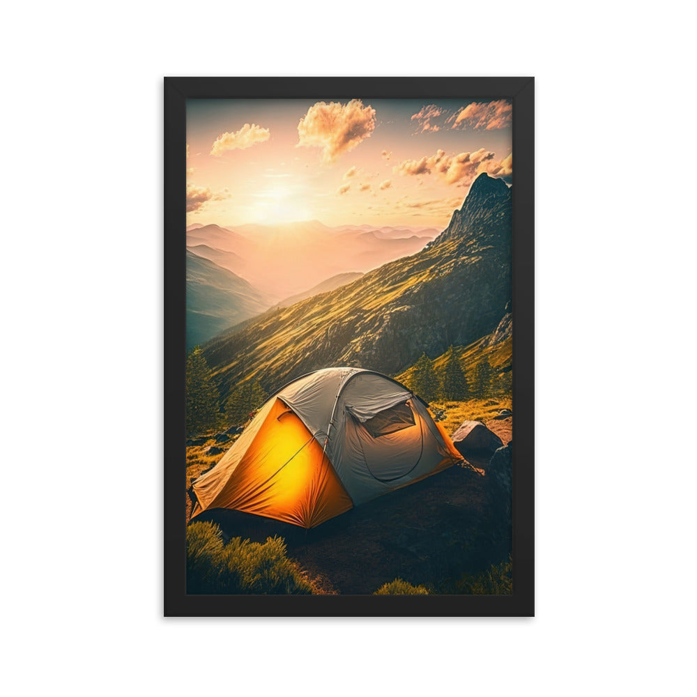 Zelt auf Berg im Sonnenaufgang - Landschafts - Premium Poster mit Rahmen camping xxx 30.5 x 45.7 cm