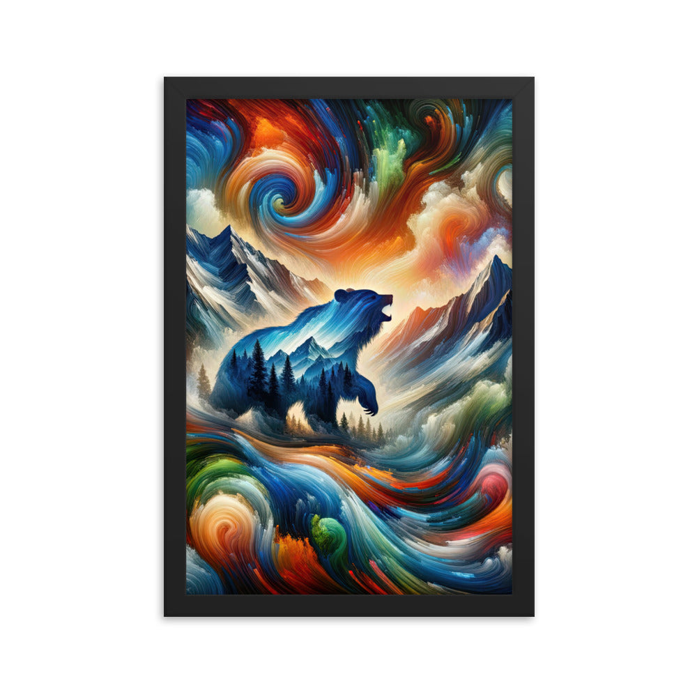 Lebendige Alpen und Bären Sillhouette über Berggipfel - Abstraktes Gemälde - Premium Poster mit Rahmen camping xxx yyy zzz 30.5 x 45.7 cm