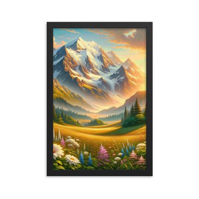 Heitere Alpenschönheit: Schneeberge und Wildblumenwiesen - Premium Poster mit Rahmen berge xxx yyy zzz 30.5 x 45.7 cm