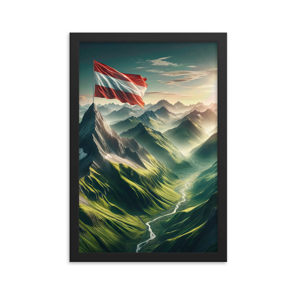 Alpen Gebirge: Fotorealistische Bergfläche mit Österreichischer Flagge - Premium Poster mit Rahmen berge xxx yyy zzz 30.5 x 45.7 cm