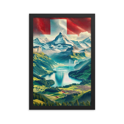 Berg Panorama: Schneeberge und Täler mit Schweizer Flagge - Premium Poster mit Rahmen berge xxx yyy zzz 30.5 x 45.7 cm