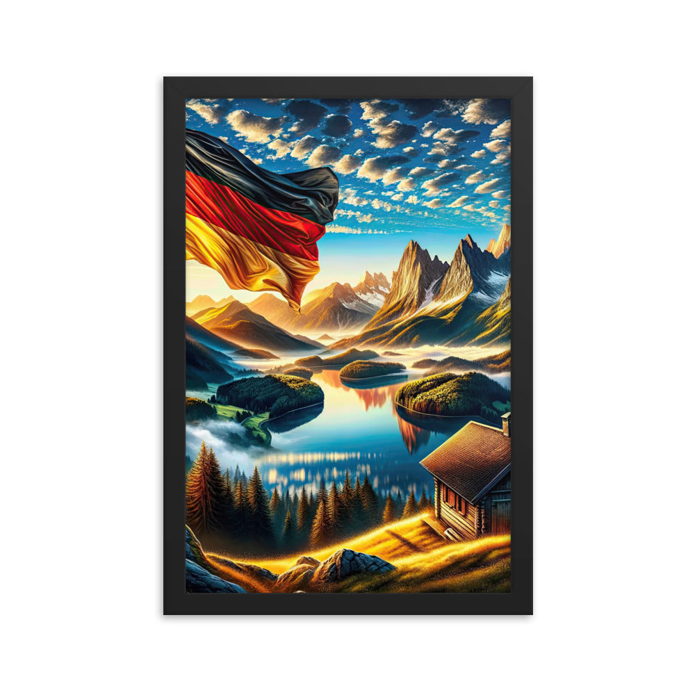Alpen Gebirge im Morgenlicht: Kunstwerk mit Deutsche Flagge - Premium Poster mit Rahmen berge xxx yyy zzz 30.5 x 45.7 cm
