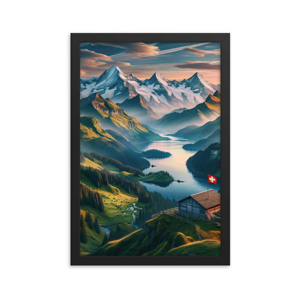 Schweizer Flagge, Alpenidylle: Dämmerlicht, epische Berge und stille Gewässer - Premium Poster mit Rahmen berge xxx yyy zzz 30.5 x 45.7 cm