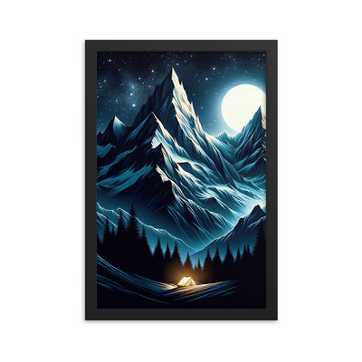 Alpennacht mit Zelt: Mondglanz auf Gipfeln und Tälern, sternenklarer Himmel - Premium Poster mit Rahmen berge xxx yyy zzz 30.5 x 45.7 cm