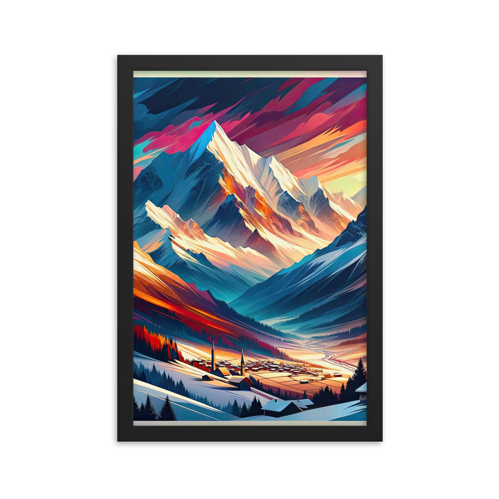 Moderne geometrische Alpen Kunst: Warmer Sonnenuntergangs Schein auf Schneegipfeln - Premium Poster mit Rahmen berge xxx yyy zzz 30.5 x 45.7 cm
