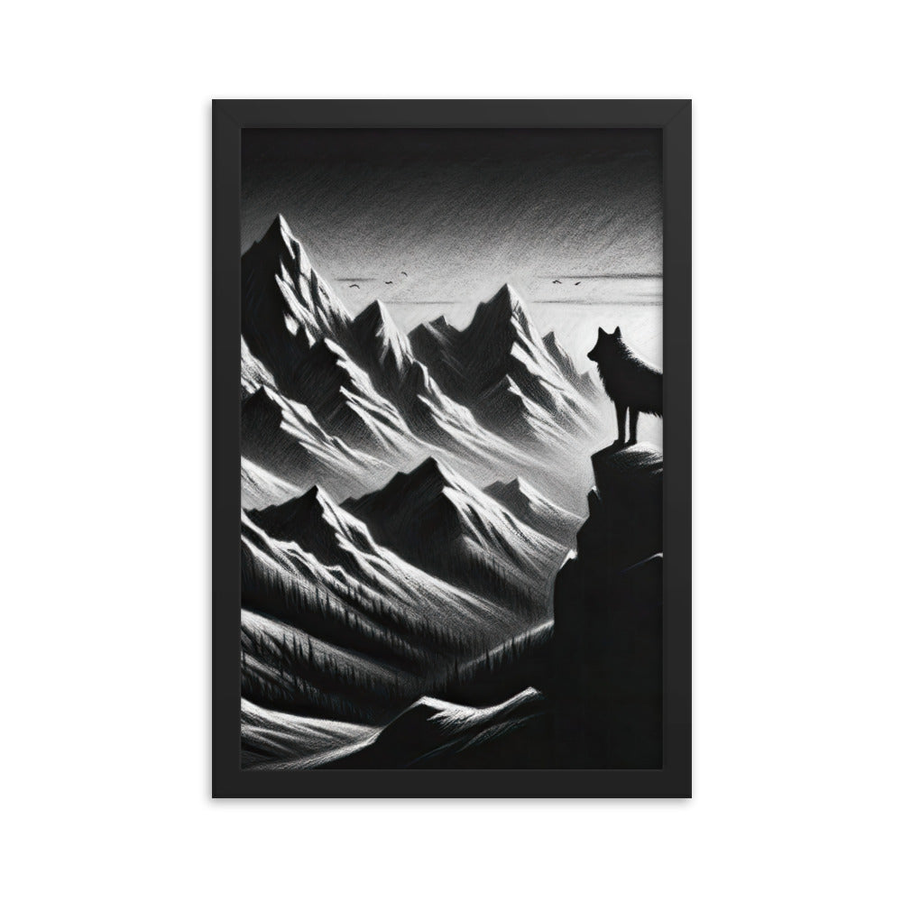 Kohlezeichnung, die die stille Stille der Alpen in der Winterdämmerung verkörpert. Wolf auf einem Berghügel (AN) - Enhanced Matte Paper xxx yyy zzz 30.5 x 45.7 cm