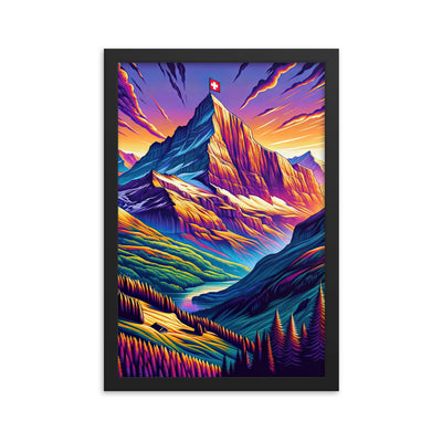 Bergpracht mit Schweizer Flagge: Farbenfrohe Illustration einer Berglandschaft - Premium Poster mit Rahmen berge xxx yyy zzz 30.5 x 45.7 cm