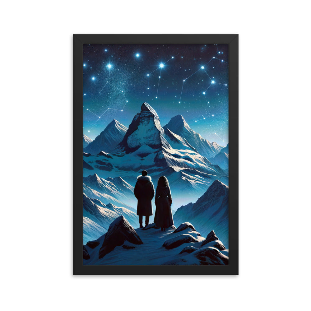 Alpenwinternacht: Digitale Kunst mit Wanderern in Bergen und Sternenhimmel - Premium Poster mit Rahmen wandern xxx yyy zzz 30.5 x 45.7 cm