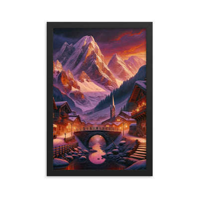 Magische Alpenstunde: Digitale Kunst mit warmem Himmelsschein über schneebedeckte Berge - Premium Poster mit Rahmen berge xxx yyy zzz 30.5 x 45.7 cm