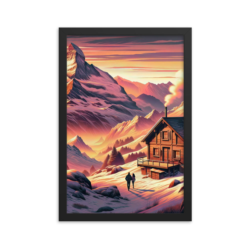 Berghütte im goldenen Sonnenuntergang: Digitale Alpenillustration - Premium Poster mit Rahmen berge xxx yyy zzz 30.5 x 45.7 cm