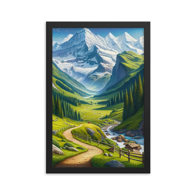 Wanderer in den Bergen und Wald: Digitale Malerei mit grünen kurvenreichen Pfaden - Premium Poster mit Rahmen wandern xxx yyy zzz 30.5 x 45.7 cm