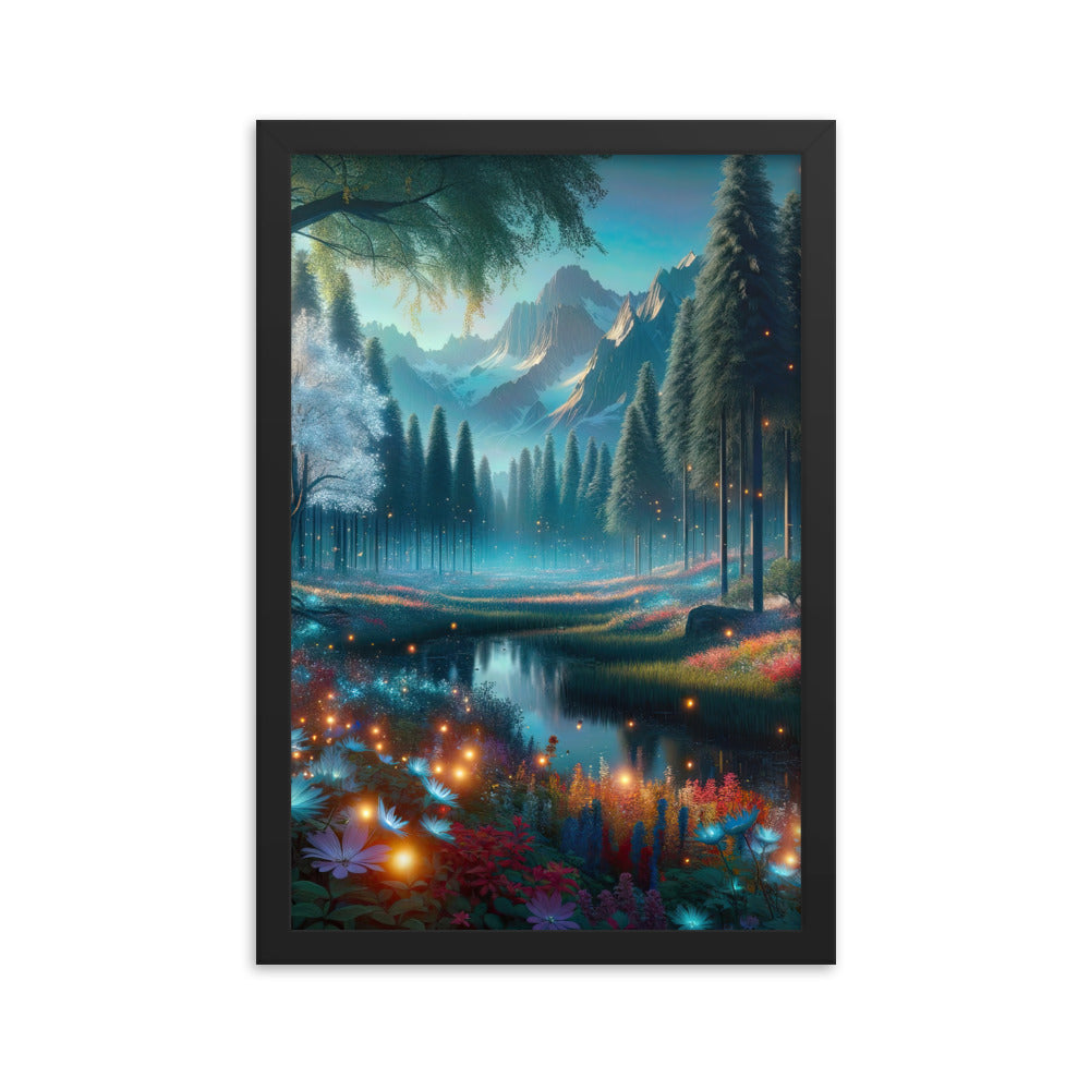 Ätherischer Alpenwald: Digitale Darstellung mit leuchtenden Bäumen und Blumen - Premium Poster mit Rahmen camping xxx yyy zzz 30.5 x 45.7 cm