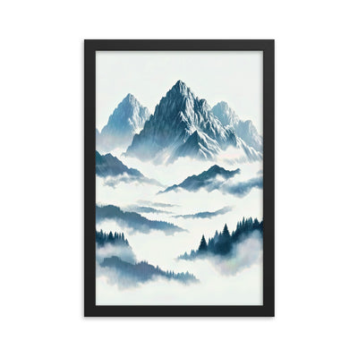 Nebeliger Alpenmorgen-Essenz, verdeckte Täler und Wälder - Premium Poster mit Rahmen berge xxx yyy zzz 30.5 x 45.7 cm