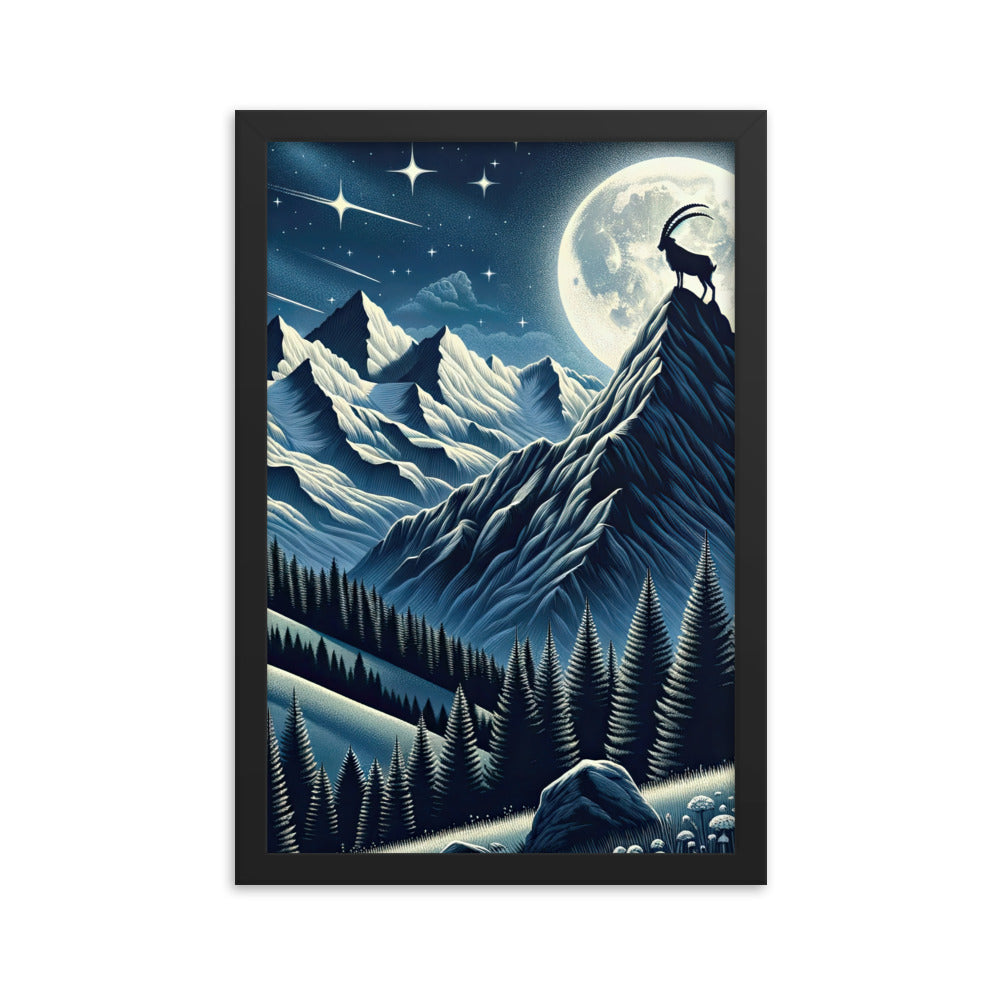 Steinbock in Alpennacht, silberne Berge und Sternenhimmel - Premium Poster mit Rahmen berge xxx yyy zzz 30.5 x 45.7 cm