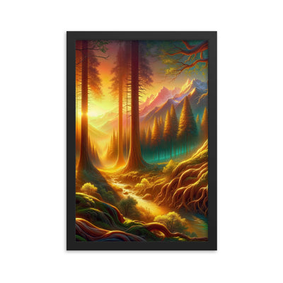 Golden-Stunde Alpenwald, Sonnenlicht durch Blätterdach - Premium Poster mit Rahmen camping xxx yyy zzz 30.5 x 45.7 cm