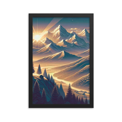 Alpen-Morgendämmerung, erste Sonnenstrahlen auf Schneegipfeln - Premium Poster mit Rahmen berge xxx yyy zzz 30.5 x 45.7 cm
