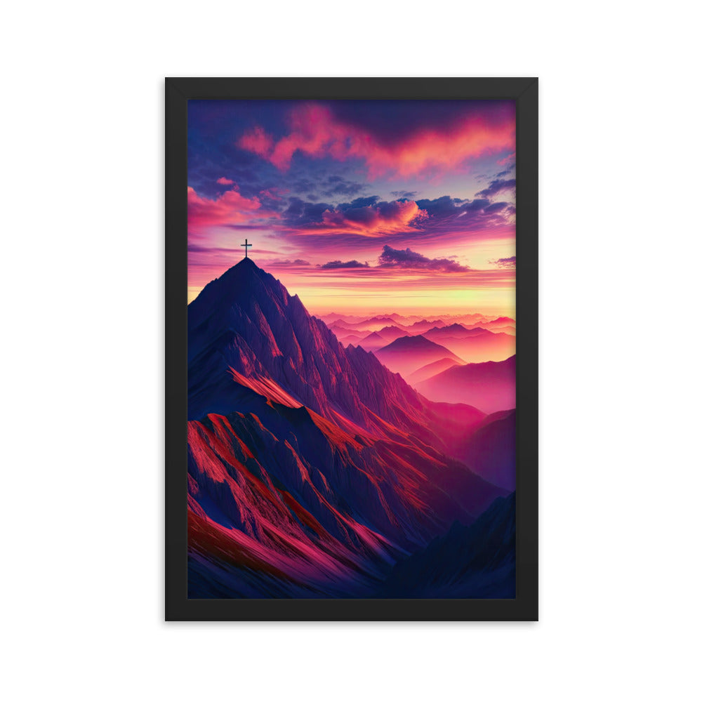 Dramatischer Alpen-Sonnenaufgang, Gipfelkreuz und warme Himmelsfarben - Premium Poster mit Rahmen berge xxx yyy zzz 30.5 x 45.7 cm