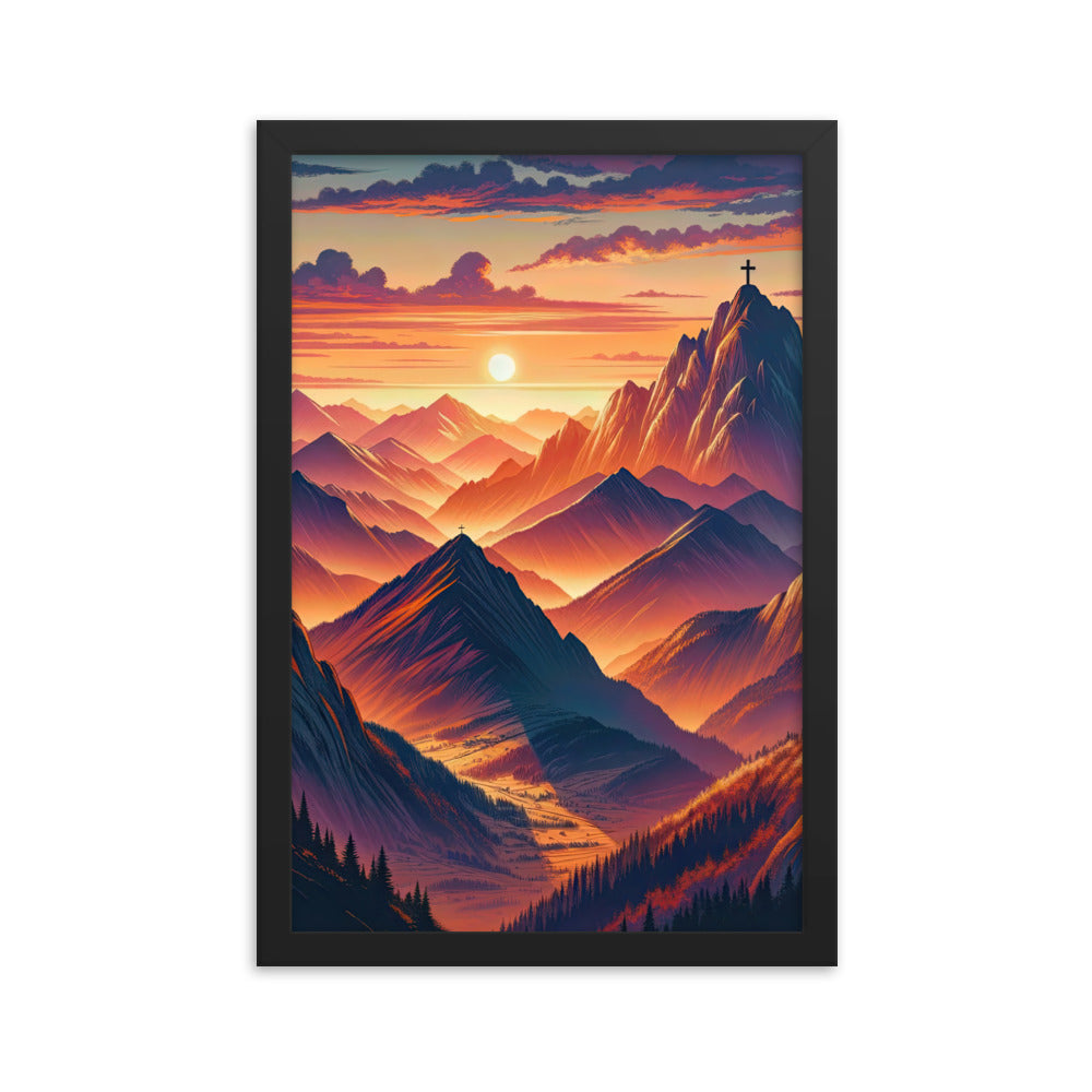 Dramatischer Alpen-Sonnenuntergang, Gipfelkreuz in Orange-Rosa - Premium Poster mit Rahmen berge xxx yyy zzz 30.5 x 45.7 cm