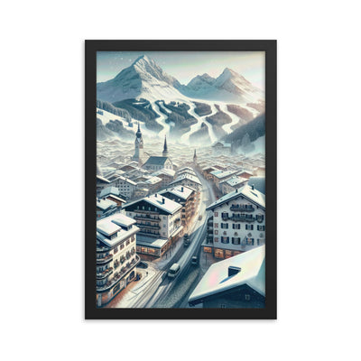 Winter in Kitzbühel: Digitale Malerei von schneebedeckten Dächern - Premium Poster mit Rahmen berge xxx yyy zzz 30.5 x 45.7 cm