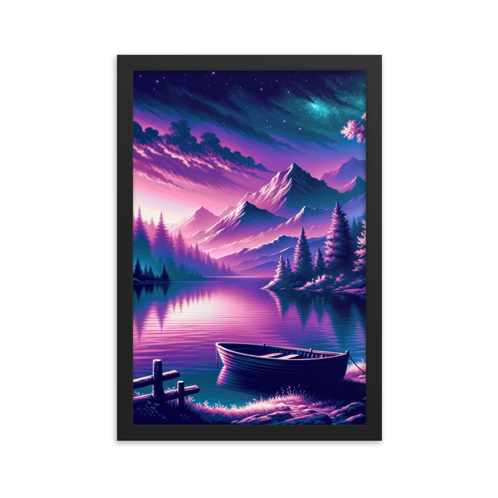 Magische Alpen-Dämmerung, rosa-lila Himmel und Bergsee mit Boot - Premium Poster mit Rahmen berge xxx yyy zzz 30.5 x 45.7 cm