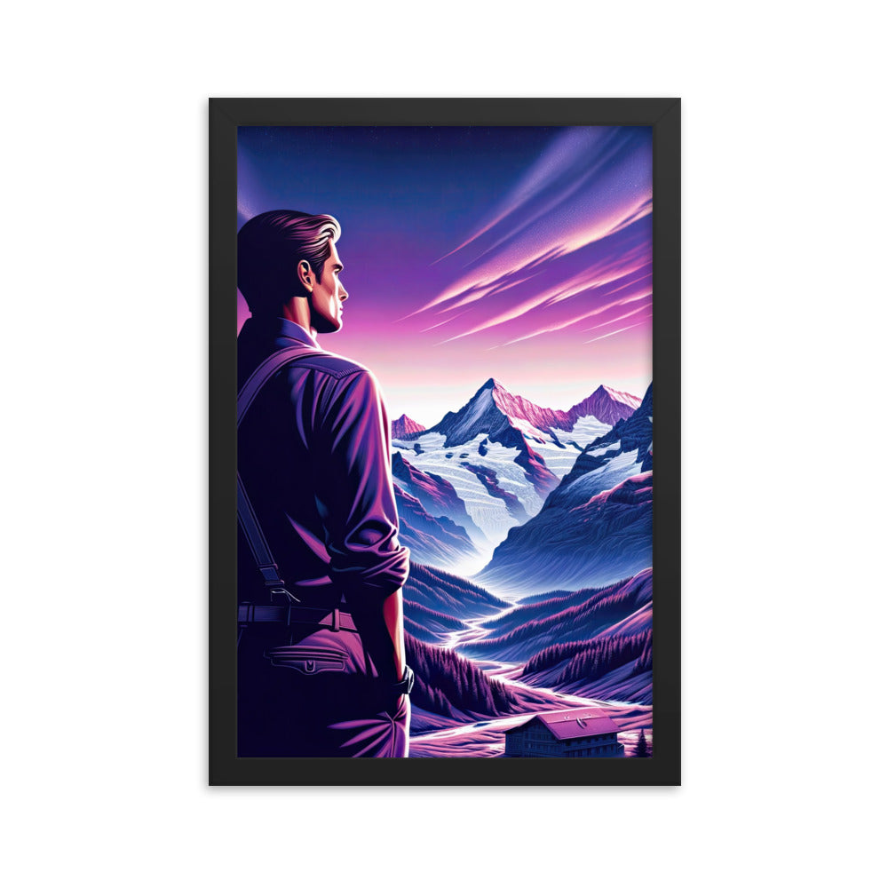 Wanderer in alpiner Dämmerung, schneebedeckte Gipfel ins Unendliche - Premium Poster mit Rahmen wandern xxx yyy zzz 30.5 x 45.7 cm