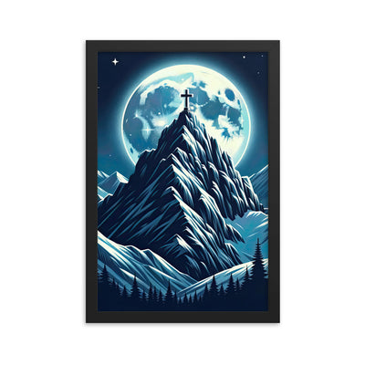 Mondnacht und Gipfelkreuz in den Alpen, glitzernde Schneegipfel - Premium Poster mit Rahmen berge xxx yyy zzz 30.5 x 45.7 cm