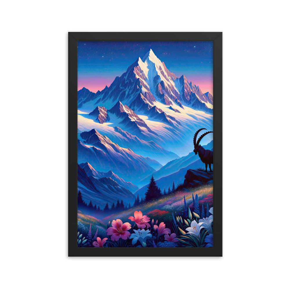 Steinbock bei Dämmerung in den Alpen, sonnengeküsste Schneegipfel - Premium Poster mit Rahmen berge xxx yyy zzz 30.5 x 45.7 cm