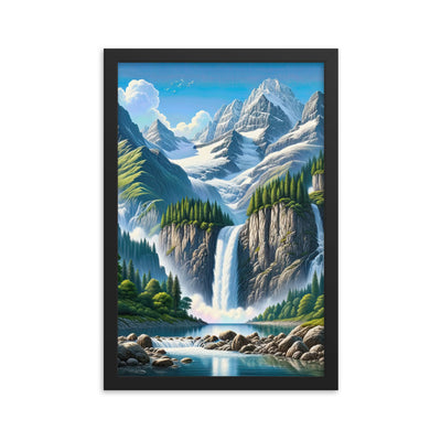 Illustration einer unberührten Alpenkulisse im Hochsommer. Wasserfall und See - Premium Poster mit Rahmen berge xxx yyy zzz 30.5 x 45.7 cm
