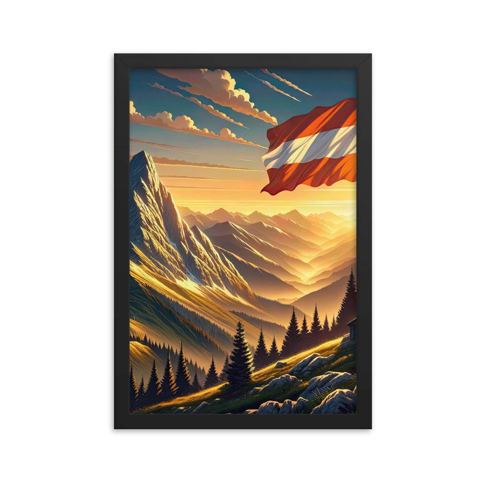 Ruhiger Alpenabend mit österreichischer Flagge und goldenem Sonnenuntergang - Premium Poster mit Rahmen berge xxx yyy zzz 30.5 x 45.7 cm