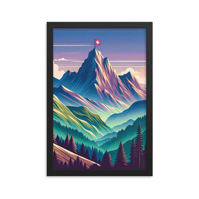 Harmonische Berglandschaft mit Schweizer Flagge auf Gipfel - Premium Poster mit Rahmen berge xxx yyy zzz 30.5 x 45.7 cm