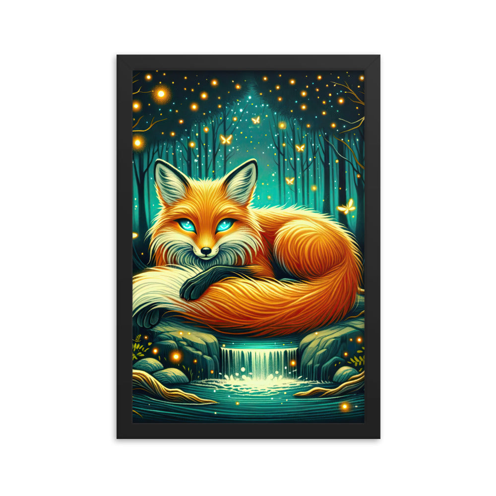 Bezaubernder Fuchs auf erleuchteter mystischer Waldlichtung - Premium Poster mit Rahmen camping xxx yyy zzz 30.5 x 45.7 cm