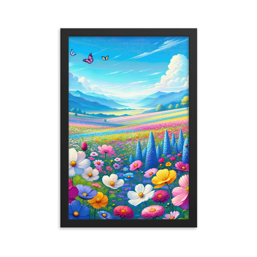 Weitläufiges Blumenfeld unter himmelblauem Himmel, leuchtende Flora - Premium Poster mit Rahmen camping xxx yyy zzz 30.5 x 45.7 cm