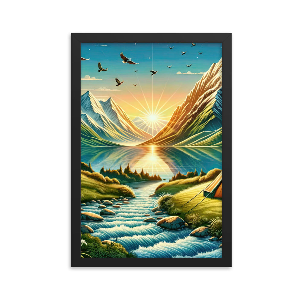 Zelt im Alpenmorgen mit goldenem Licht, Schneebergen und unberührten Seen - Premium Poster mit Rahmen berge xxx yyy zzz 30.5 x 45.7 cm