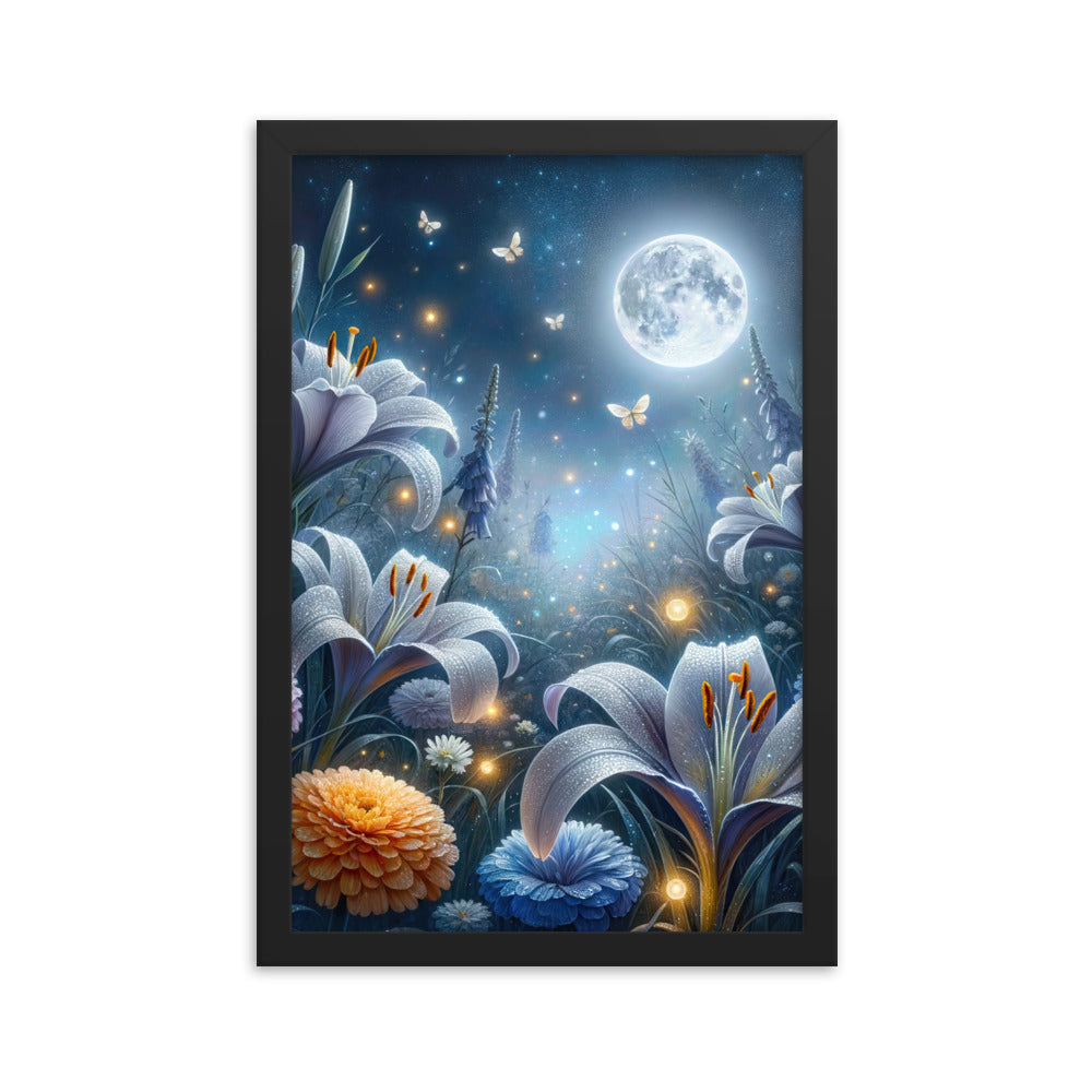 Ätherische Mondnacht auf blühender Wiese, silbriger Blumenglanz - Premium Poster mit Rahmen camping xxx yyy zzz 30.5 x 45.7 cm