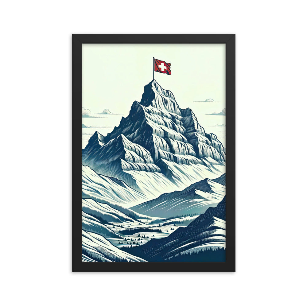 Ausgedehnte Bergkette mit dominierendem Gipfel und wehender Schweizer Flagge - Premium Poster mit Rahmen berge xxx yyy zzz 30.5 x 45.7 cm