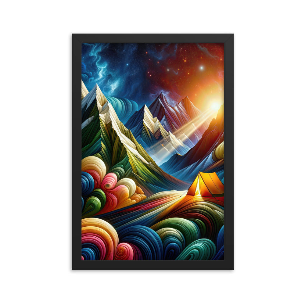 Abstrakte Bergwelt in lebendigen Farben mit Zelt - Premium Poster mit Rahmen camping xxx yyy zzz 30.5 x 45.7 cm