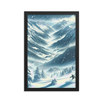 Alpine Wildnis im Wintersturm mit Skifahrer, verschneite Landschaft - Premium Poster mit Rahmen klettern ski xxx yyy zzz 30.5 x 45.7 cm