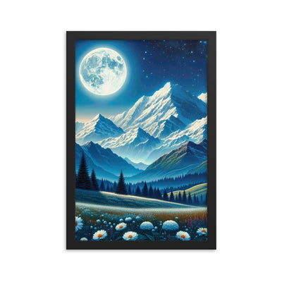 Klare frühlingshafte Alpennacht mit Blumen und Vollmond über Schneegipfeln - Premium Poster mit Rahmen berge xxx yyy zzz 30.5 x 45.7 cm