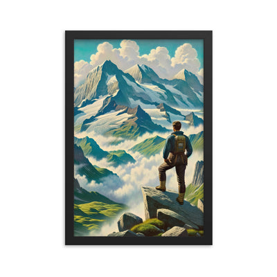 Panoramablick der Alpen mit Wanderer auf einem Hügel und schroffen Gipfeln - Premium Poster mit Rahmen wandern xxx yyy zzz 30.5 x 45.7 cm