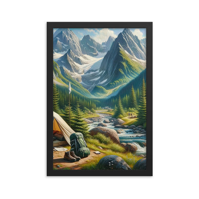 Ölgemälde der Alpensommerlandschaft mit Zelt, Gipfeln, Wäldern und Bächen - Premium Poster mit Rahmen camping xxx yyy zzz 30.5 x 45.7 cm
