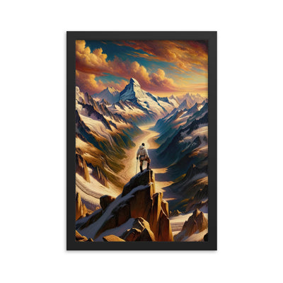 Ölgemälde eines Wanderers auf einem Hügel mit Panoramablick auf schneebedeckte Alpen und goldenen Himmel - Enhanced Matte Paper Framed wandern xxx yyy zzz 30.5 x 45.7 cm