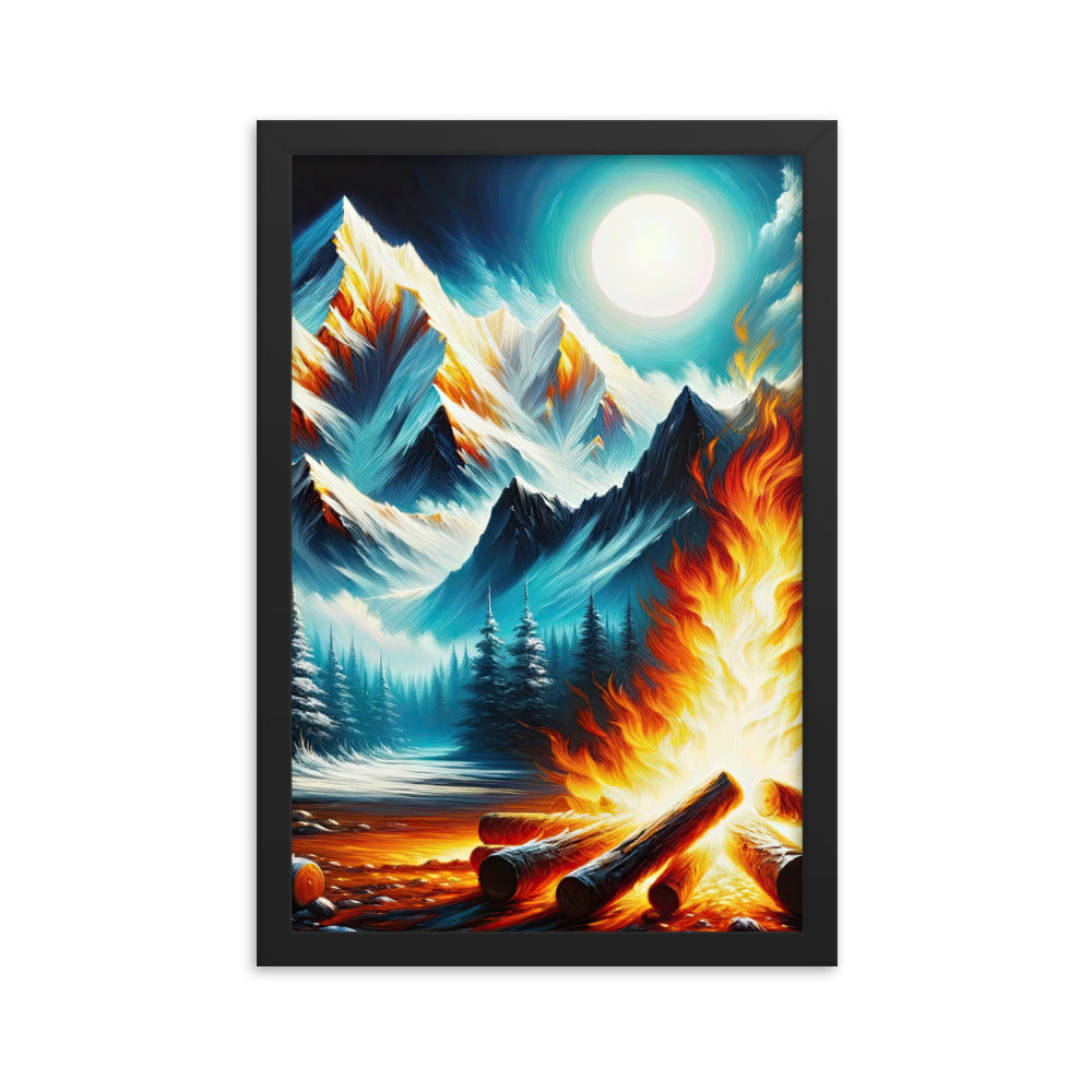 Ölgemälde von Feuer und Eis: Lagerfeuer und Alpen im Kontrast, warme Flammen - Premium Poster mit Rahmen camping xxx yyy zzz 30.5 x 45.7 cm