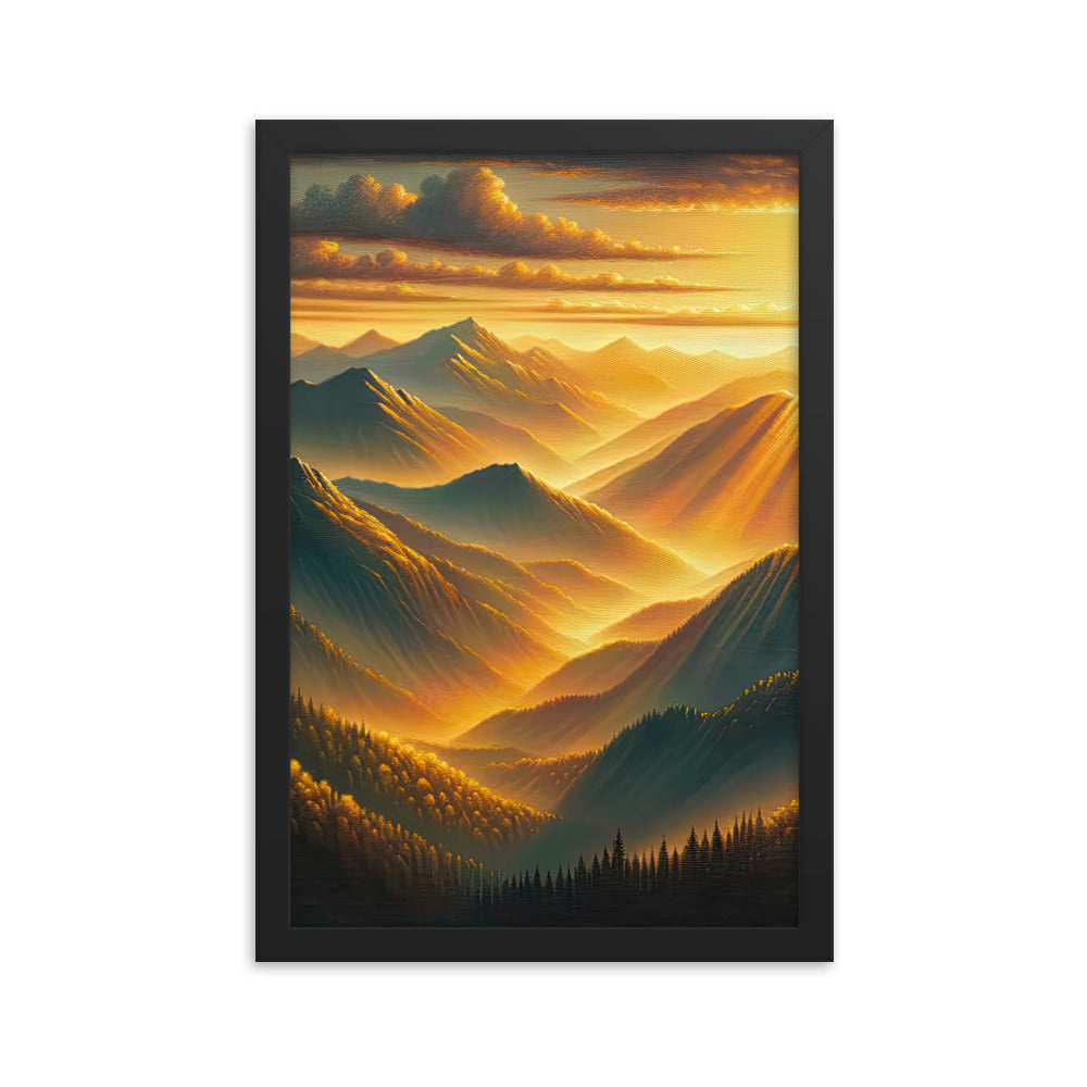 Ölgemälde der Berge in der goldenen Stunde, Sonnenuntergang über warmer Landschaft - Premium Poster mit Rahmen berge xxx yyy zzz 30.5 x 45.7 cm