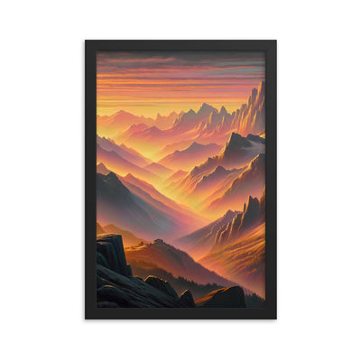 Ölgemälde der Alpen in der goldenen Stunde mit Wanderer, Orange-Rosa Bergpanorama - Premium Poster mit Rahmen wandern xxx yyy zzz 30.5 x 45.7 cm