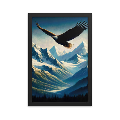 Ölgemälde eines Adlers vor schneebedeckten Bergsilhouetten - Premium Poster mit Rahmen berge xxx yyy zzz 30.5 x 45.7 cm